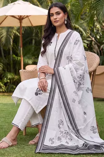 women ethnic motifs embroidered regular thread work cotton kurta with trousers & with dupatta