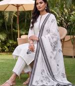 women ethnic motifs embroidered regular thread work cotton kurta with trousers & with dupatta