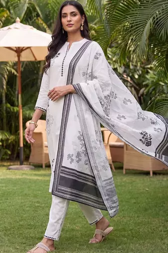 women ethnic motifs embroidered regular thread work cotton kurta with trousers & with dupatta