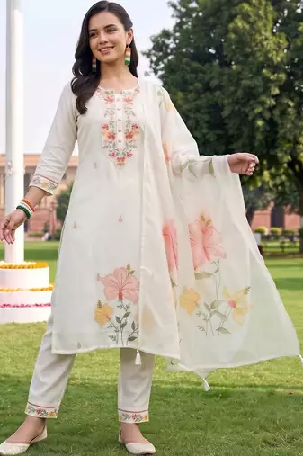 women floral embroidered regular thread work kurta with trousers & with dupatta
