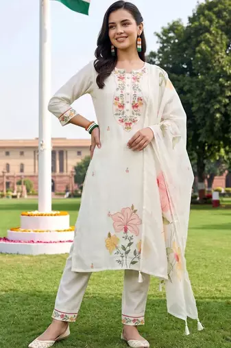 women floral embroidered regular thread work kurta with trousers & with dupatta
