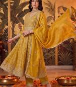 women floral embroidered empire mirror work kurta with trousers & with dupatta