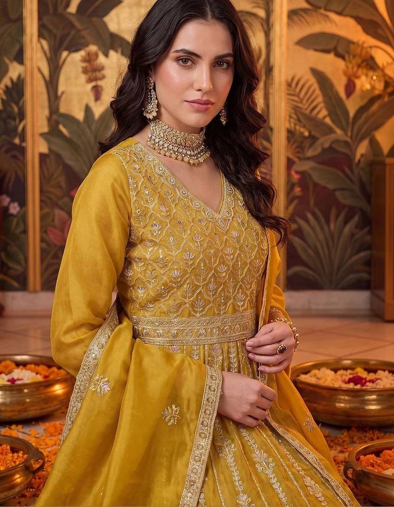 women floral embroidered empire mirror work kurta with trousers & with dupatta