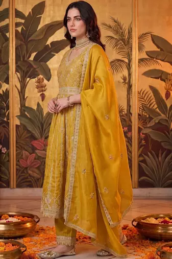 women floral embroidered empire mirror work kurta with trousers & with dupatta