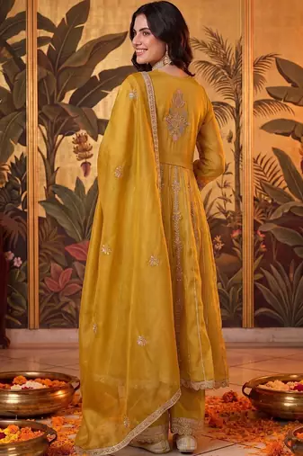 women floral embroidered empire mirror work kurta with trousers & with dupatta