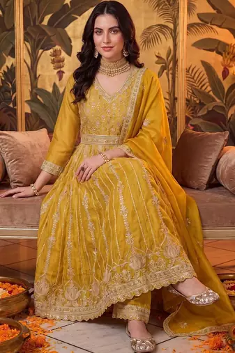 women floral embroidered empire mirror work kurta with trousers & with dupatta