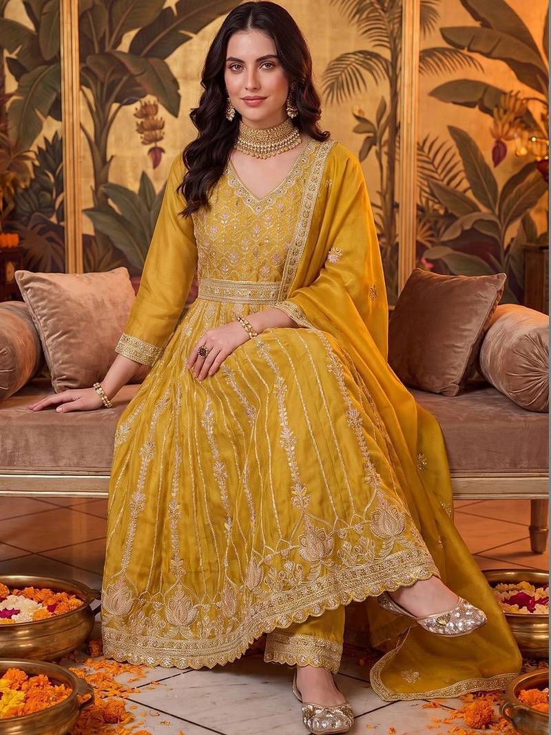 women floral embroidered empire mirror work kurta with trousers & with dupatta