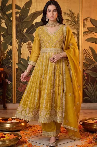 women floral embroidered empire mirror work kurta with trousers & with dupatta