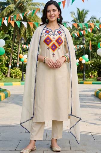 women ethnic motifs embroidered regular thread work liva kurta with trousers & with dupatta