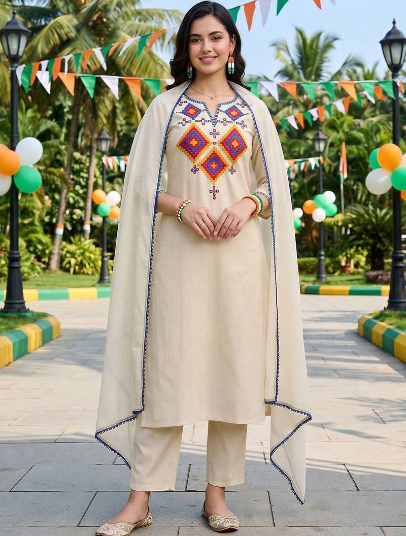 women ethnic motifs embroidered regular thread work liva kurta with trousers & with dupatta