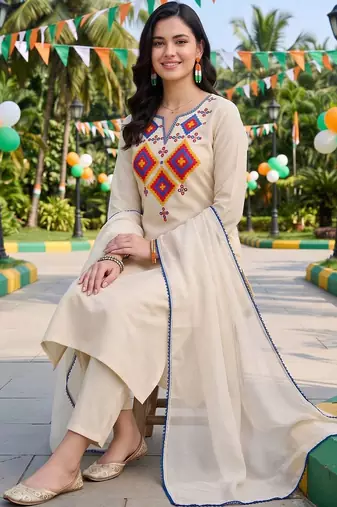 women ethnic motifs embroidered regular thread work liva kurta with trousers & with dupatta
