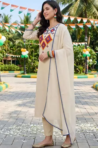 women ethnic motifs embroidered regular thread work liva kurta with trousers & with dupatta