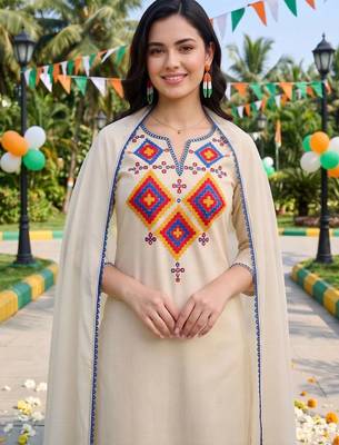 women ethnic motifs embroidered regular thread work liva kurta with trousers & with dupatta 5