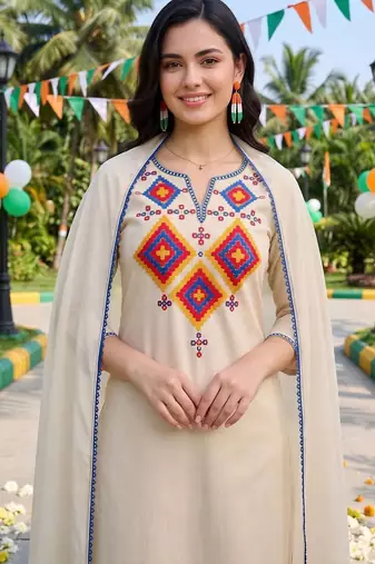 women ethnic motifs embroidered regular thread work liva kurta with trousers & with dupatta