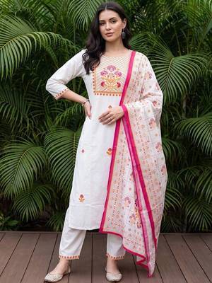 women floral embroidered regular thread work cotton kurta with trousers & with dupatta 6