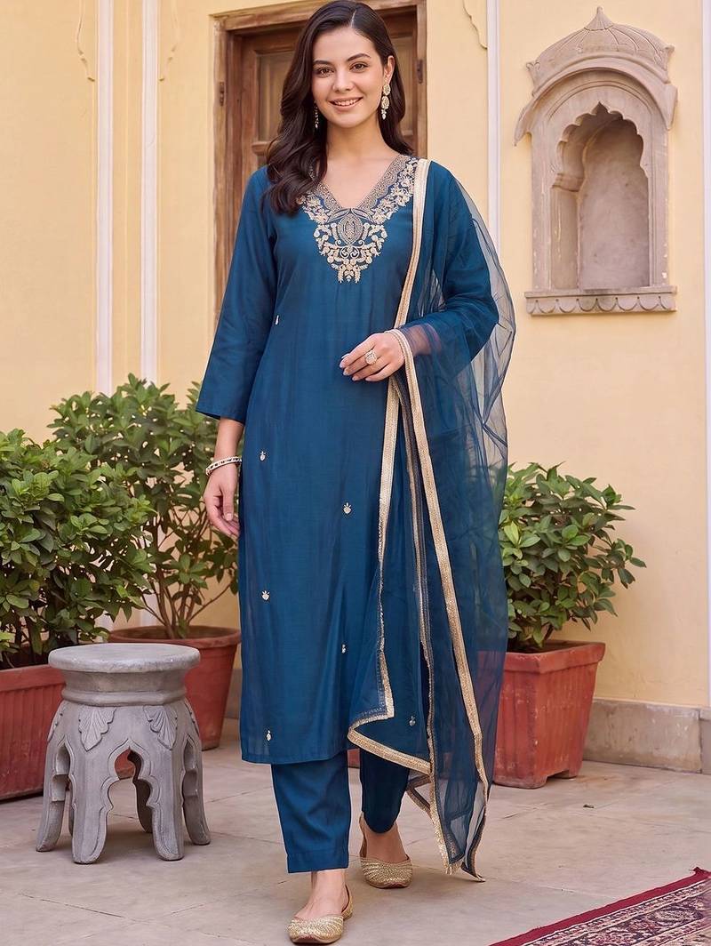 women ethnic motifs embroidered regular kurta with trousers & with dupatta