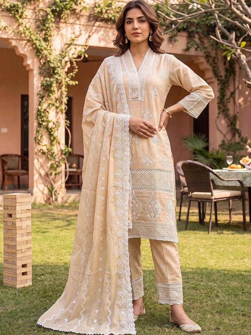 women ethnic motifs embroidered regular sequinned cotton kurta with trousers & with dupatta