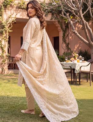 women ethnic motifs embroidered regular sequinned cotton kurta with trousers & with dupatta 3