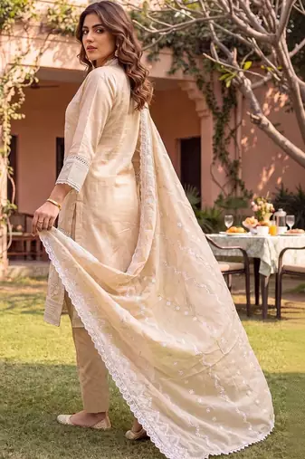 women ethnic motifs embroidered regular sequinned cotton kurta with trousers & with dupatta