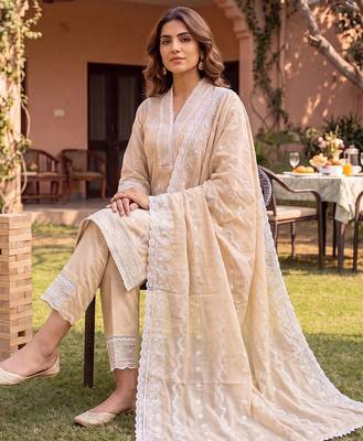 women ethnic motifs embroidered regular sequinned cotton kurta with trousers & with dupatta 4