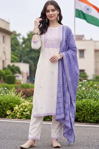 women ethnic motifs embroidered regular thread work cotton kurta with trousers & with dupatta