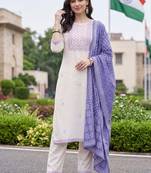 women ethnic motifs embroidered regular thread work cotton kurta with trousers & with dupatta