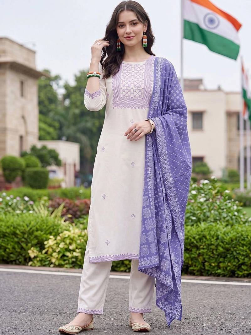 women ethnic motifs embroidered regular thread work cotton kurta with trousers & with dupatta