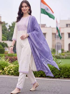 women ethnic motifs embroidered regular thread work cotton kurta with trousers & with dupatta 2
