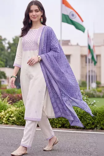women ethnic motifs embroidered regular thread work cotton kurta with trousers & with dupatta