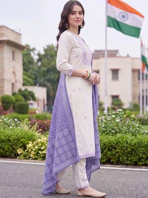 women ethnic motifs embroidered regular thread work cotton kurta with trousers & with dupatta 4