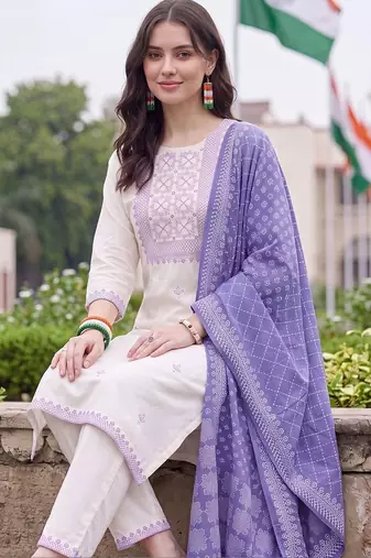women ethnic motifs embroidered regular thread work cotton kurta with trousers & with dupatta