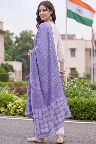 women ethnic motifs embroidered regular thread work cotton kurta with trousers & with dupatta
