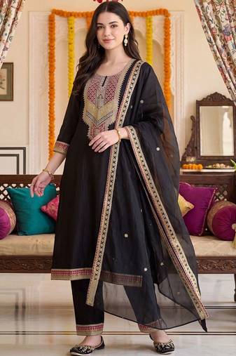 women ethnic motifs embroidered regular thread work kurta with trousers & with dupatta