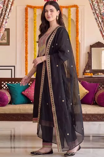 women ethnic motifs embroidered regular thread work kurta with trousers & with dupatta