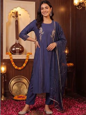 regular thread work kurta with trousers & with dupatta 1