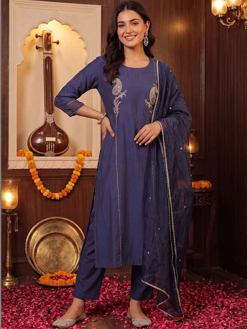 regular thread work kurta with trousers & with dupatta