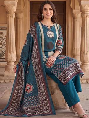 women printed regular cotton kurta with trousers & with dupatta 1
