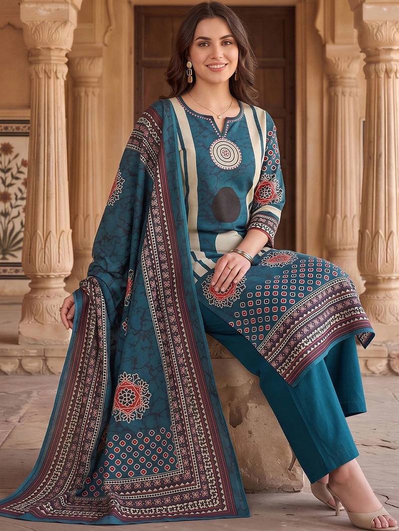women printed regular cotton kurta with trousers & with dupatta
