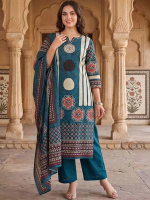 women printed regular cotton kurta with trousers & with dupatta 5