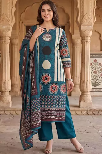 women printed regular cotton kurta with trousers & with dupatta