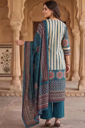 women printed regular cotton kurta with trousers & with dupatta