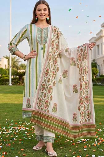 women floral printed regular sequinned cotton kurta with trousers & with dupatta