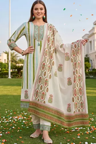 women floral printed regular sequinned cotton kurta with trousers & with dupatta
