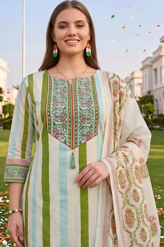 women floral printed regular sequinned cotton kurta with trousers & with dupatta