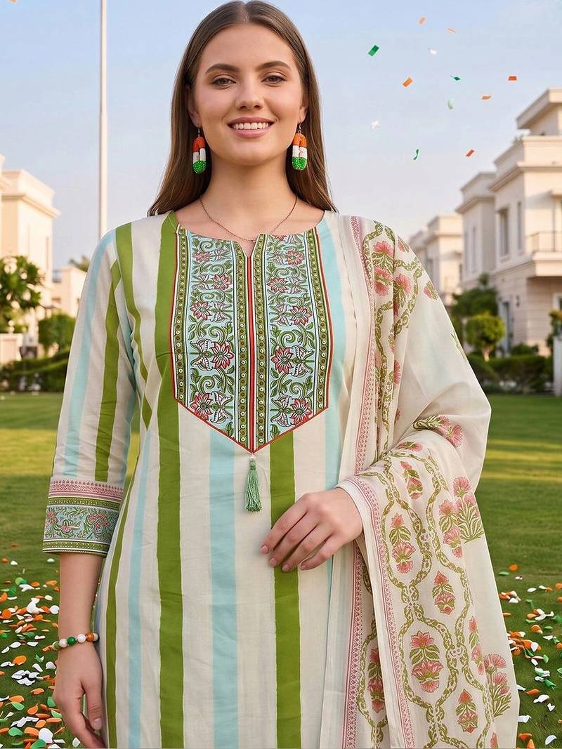 women floral printed regular sequinned cotton kurta with trousers & with dupatta
