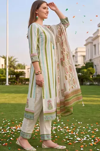 women floral printed regular sequinned cotton kurta with trousers & with dupatta
