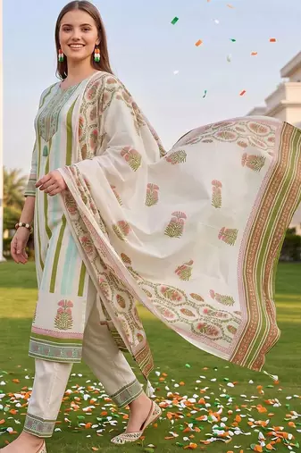 women floral printed regular sequinned cotton kurta with trousers & with dupatta