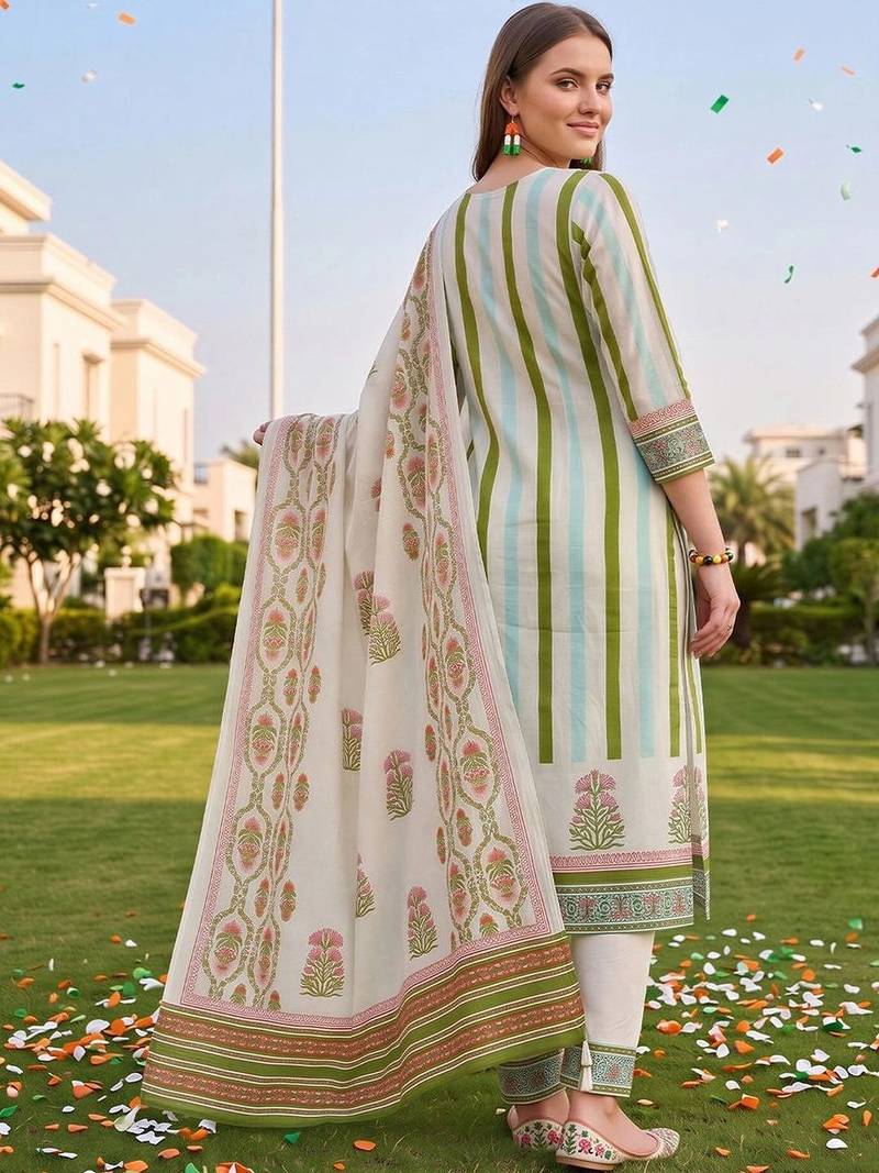 women floral printed regular sequinned cotton kurta with trousers & with dupatta