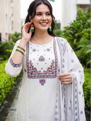 women ethnic motifs embroidered regular thread work cotton kurta with trousers & with dupatta 2