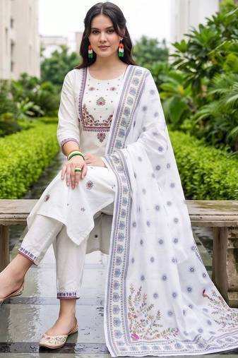 women ethnic motifs embroidered regular thread work cotton kurta with trousers & with dupatta